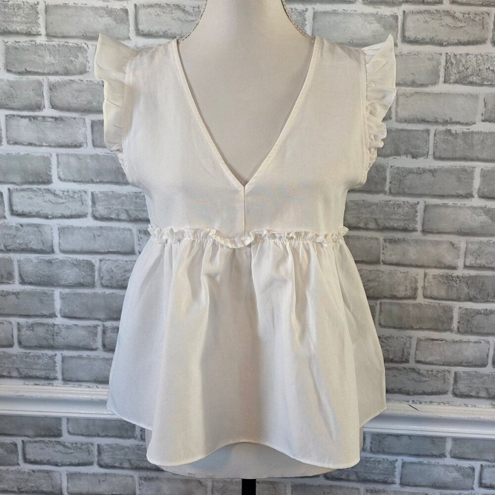 Things Between White Cotton Babydoll Blouse Top V-neck Cottage Coquette small